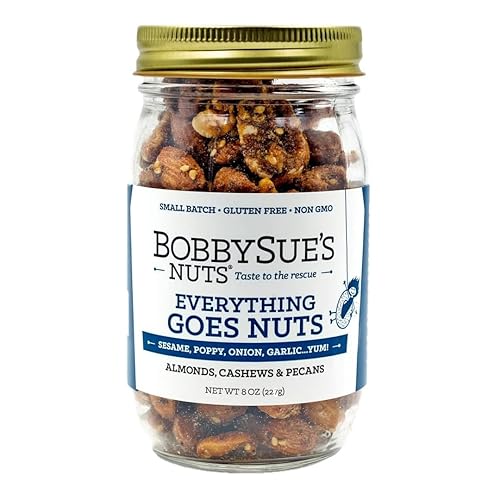 BobbySue's Nuts Everything Goes Nuts Gourmet Snack, All-Natural, Gluten Free, Low Sugar, and High Protein Nut Mix of Almonds, Cashews, Pecans, 8 Oz, 1