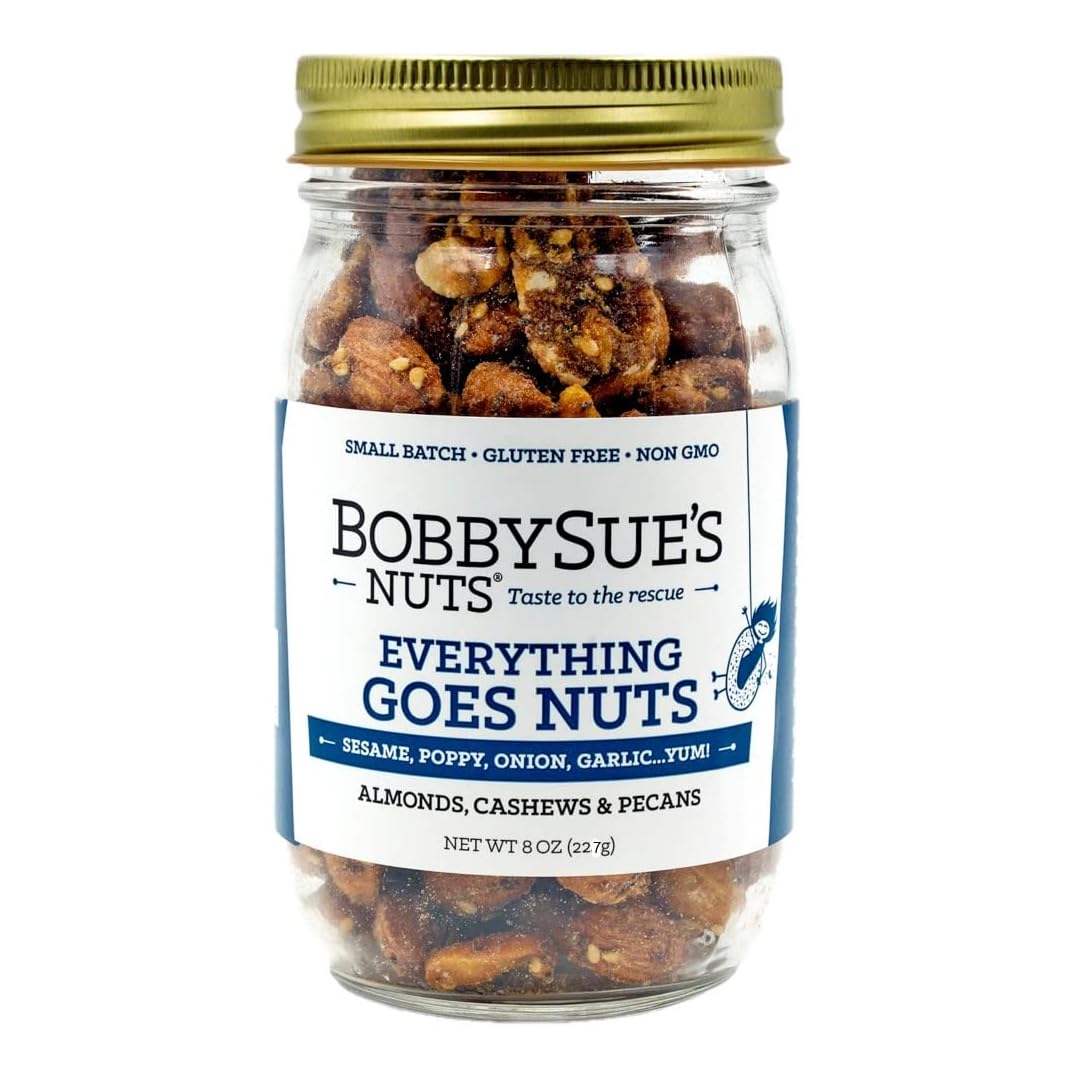 BobbySue's Nuts Everything Goes Nuts Gourmet Snack, All-Natural, Gluten Free, Low Sugar, and High Protein Nut Mix of Almonds, Cashews, Pecans, 8 Oz, 1