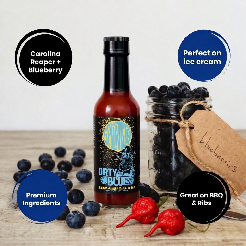 Splintered Sauce Dirty Blues Hot Sauce - Carolina Reaper and Blueberry - 5 fl Oz- Vegetarian - Fiery and Fruity Hot Sauce Delight for BBQ, Chicken