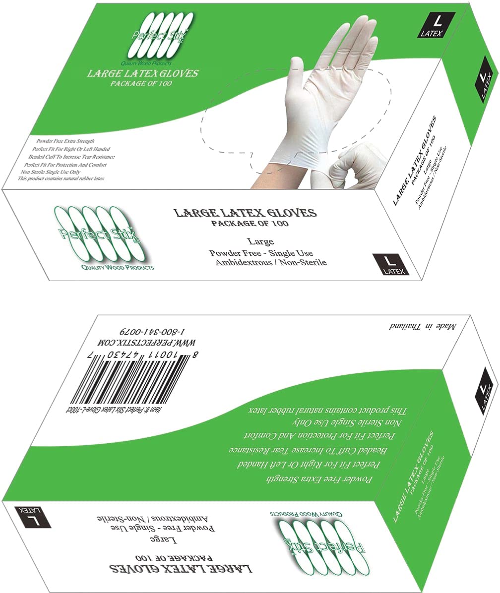 Perfect Stix Large Latex Gloves Powder Free -Pack of 100,White