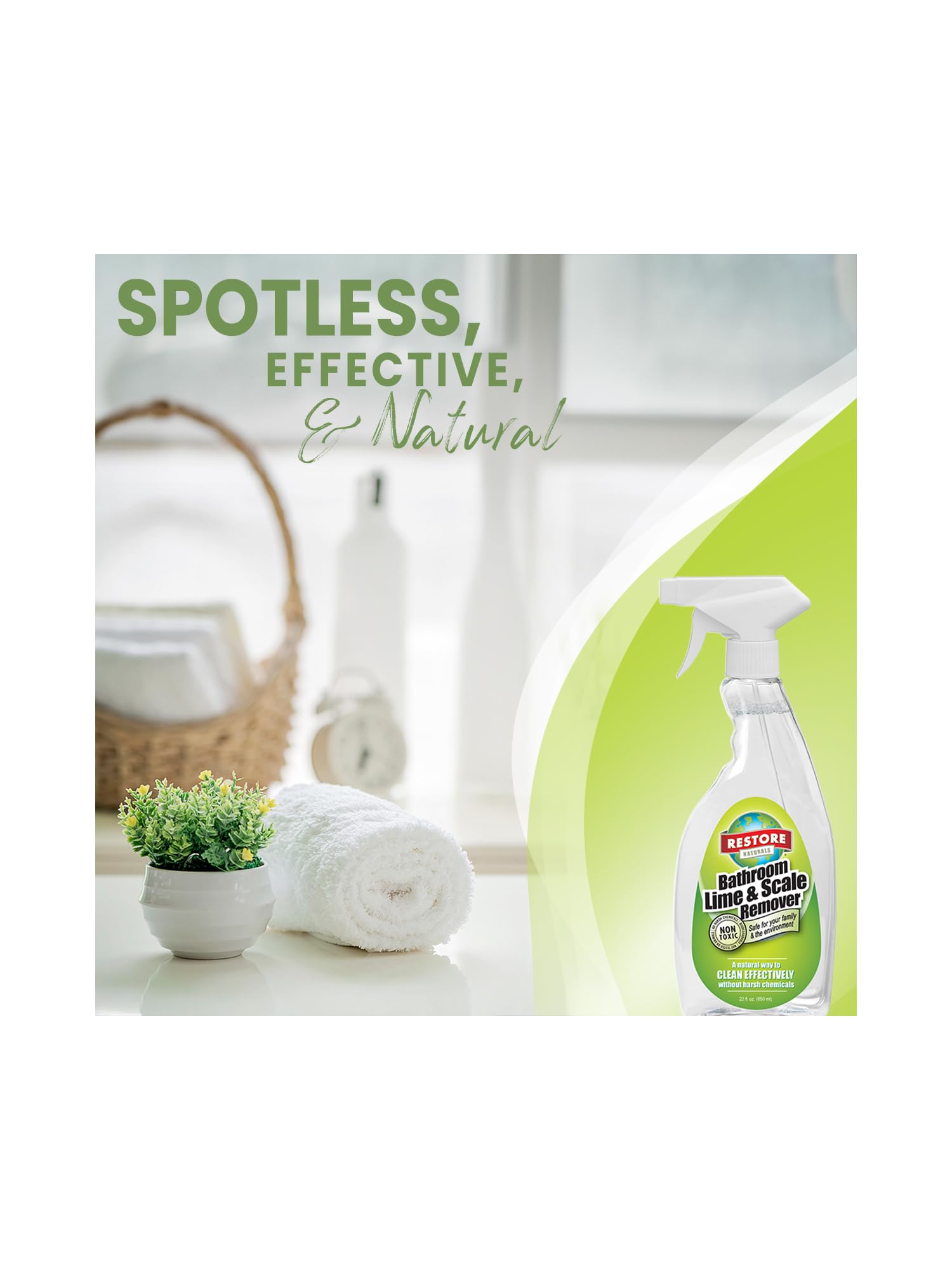 Restore Naturals Bathroom Lime and Scale Remover - 22 oz. - Bath Tub Cleaner | Hard Water Stain Remover | Soap Scum Remover for Shower | Bath room