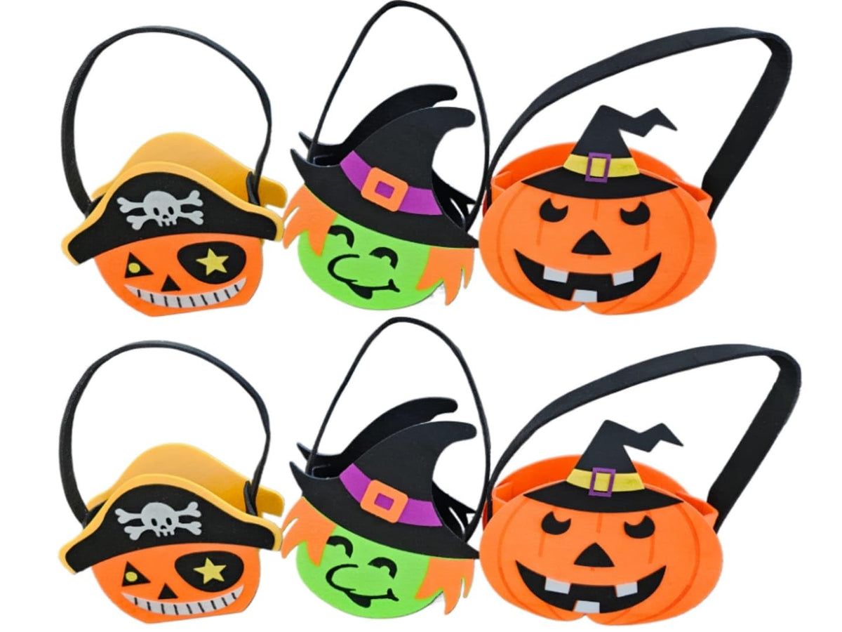 HUBZ Halloween Felt Trick or Treat Baskets, 6 Pack, Pumpkin, Witch, Pirate Themes, 5.5 x 3 x 6.7 in