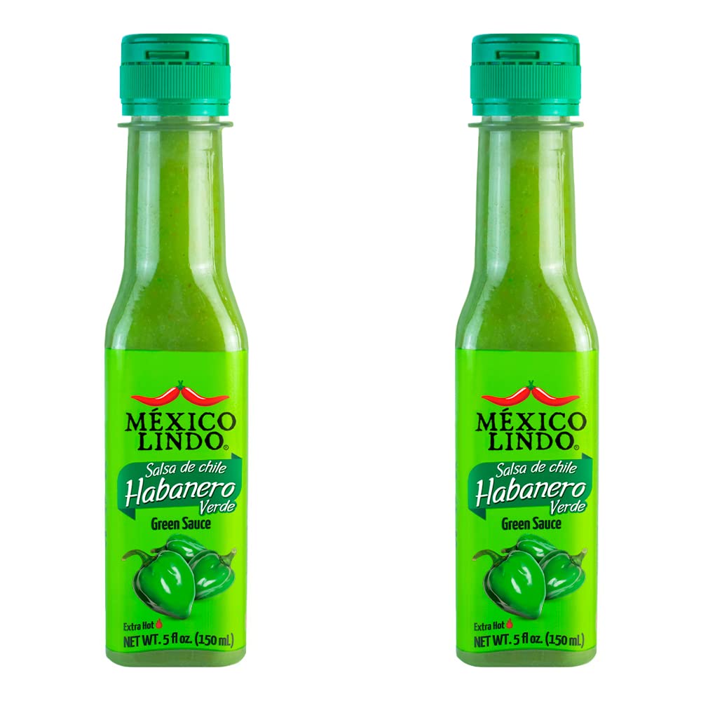 Mexico Lindo Green Habanero Hot Sauce | Real Green Habanero Chili Pepper | Enjoy with Mexican Food, Seafood & Pasta | 5 Fl Oz Bottles (Pack of 2)