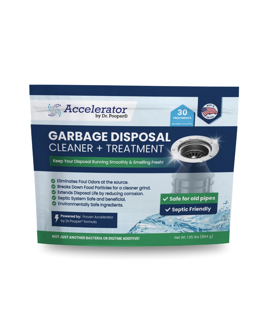 Accelerator by Dr. Pooper Garbage Disposal Cleaner and Treatment Eliminates Odors, Breaks Down Food Particles, Extends Disposal Life Non-Toxic, Septic