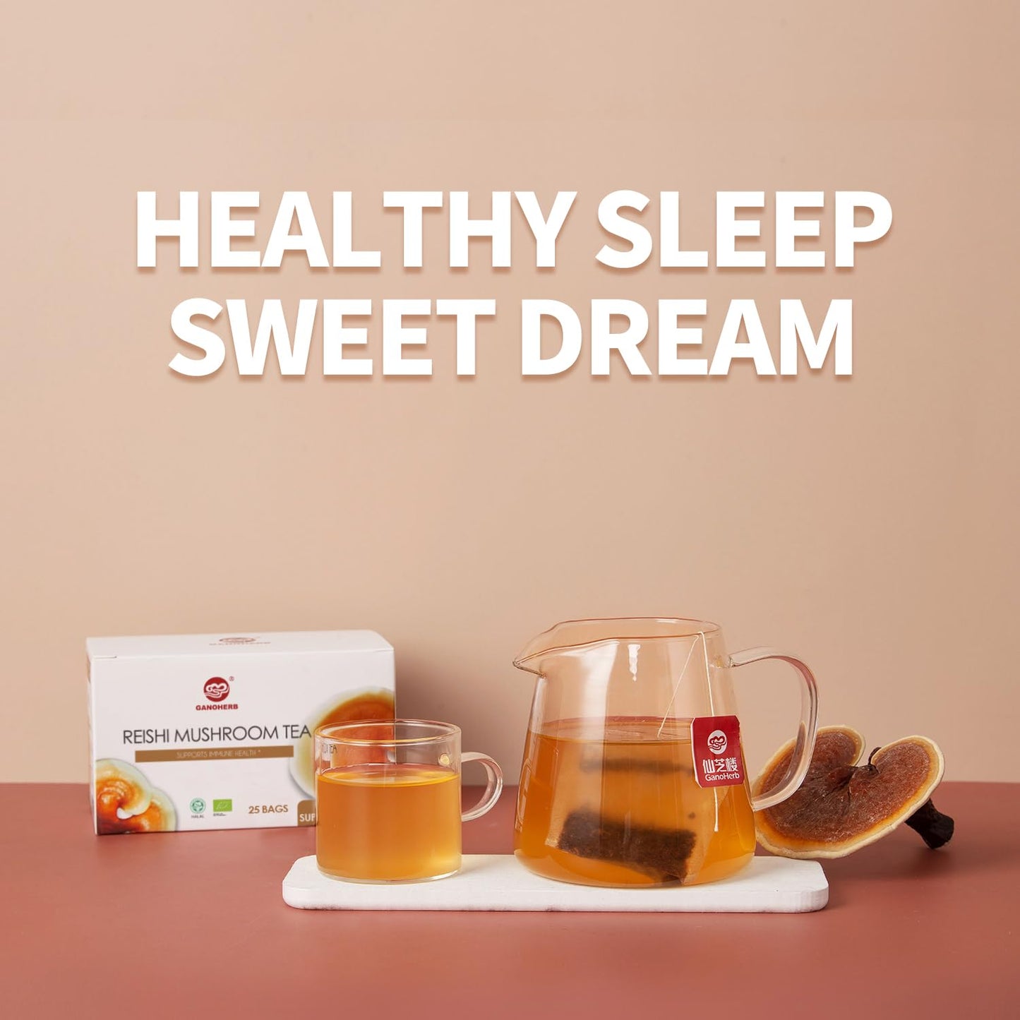 GANOHERB Organic Reishi Mushroom Tea, Adaptogen Ganoderma Lucidum Herbal Tea for Immune Health Boost, Stress Relief, Caffeine-Free, No Sugar, 25 Count
