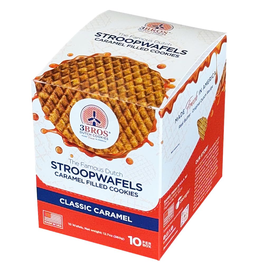 3Bros Stroopwafels, Dutch Caramel-Filled Waffle Cookies, Individually Wrapped, 10 Count, Soft Toasted Outside With Buttery Caramel Filling, Made in