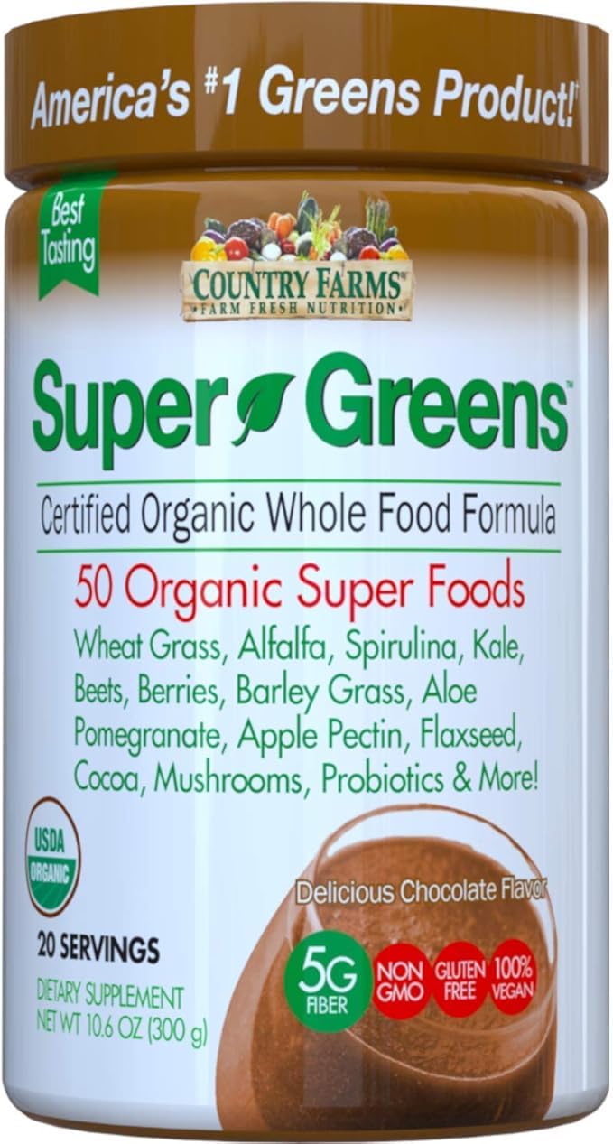 Country Farms Super Green Drink Mix, Delicious Chocolate Flavor 10.6 Ounces Each (7)