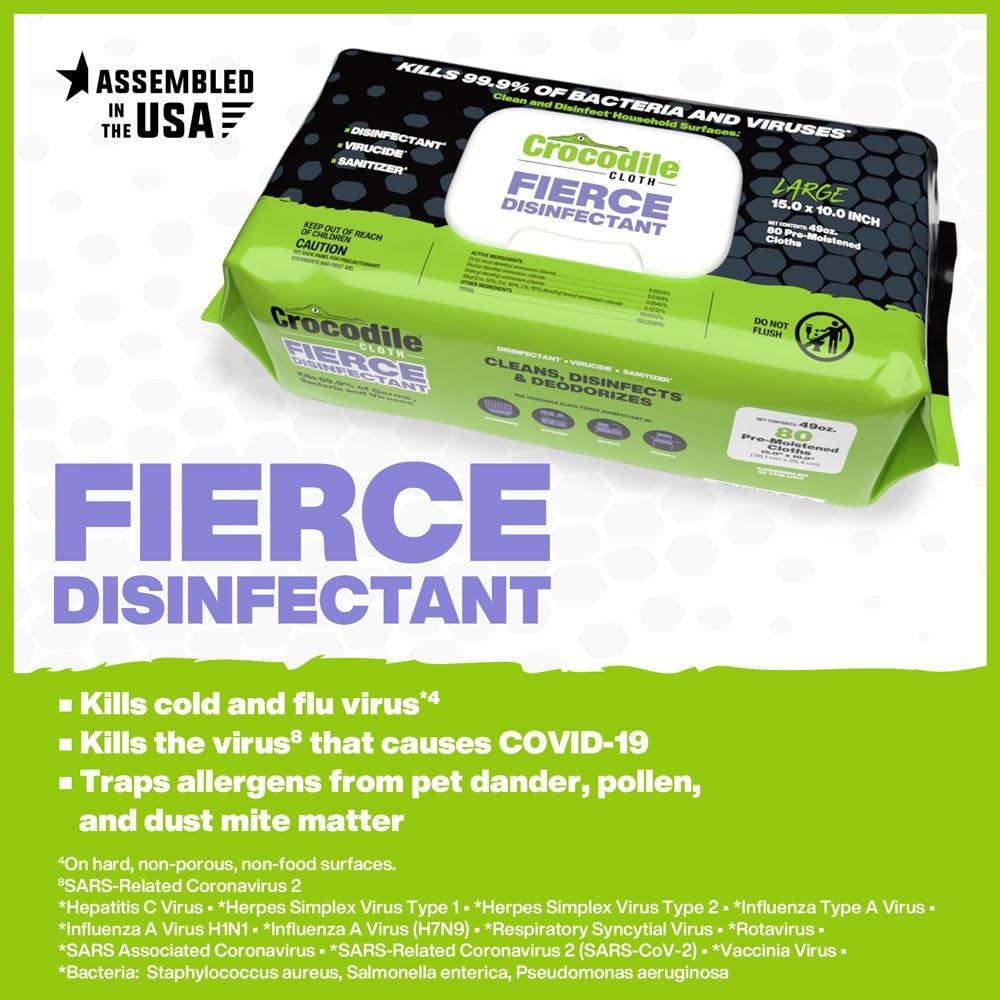 Crocodile Cloth Fierce Disinfectant Wipes - 80 Count 15" x 10" Multi-Surface Disinfecting Cleaning Cloths For Kitchens, Bathrooms, Offices & Schools