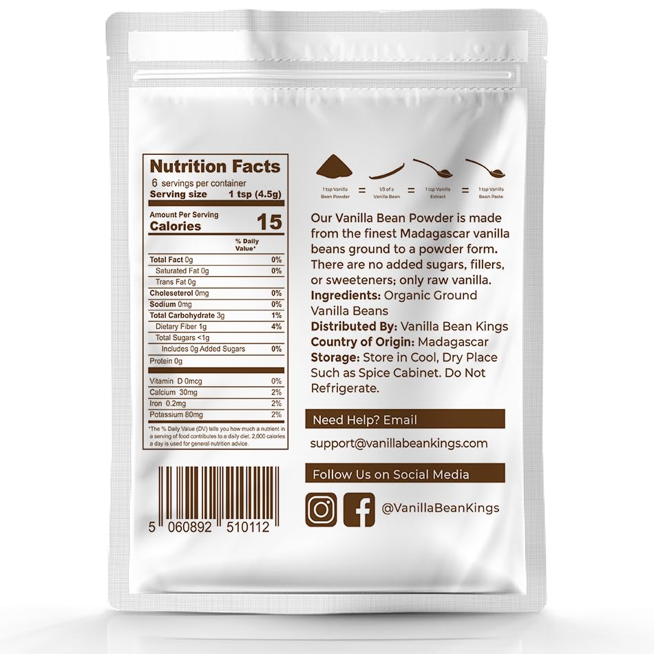 Vanilla Bean Powder - 100% Pure Ground Madagascar Vanilla Powder - For Cooking, Baking, & Additional Flavoring - Add To Coffee, Tea, Yogurt, & Shakes