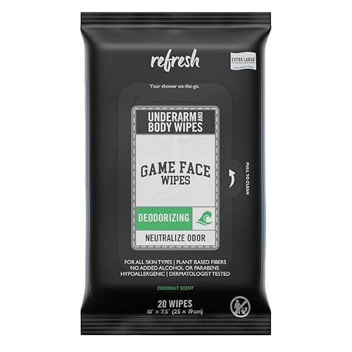 Game Face Deodorizing Body Wipes 25 Count Extra Large Size Compostable Cloth Naturally Formulated Hydrating, Refreshing, and Odor Neutralizing Wipes
