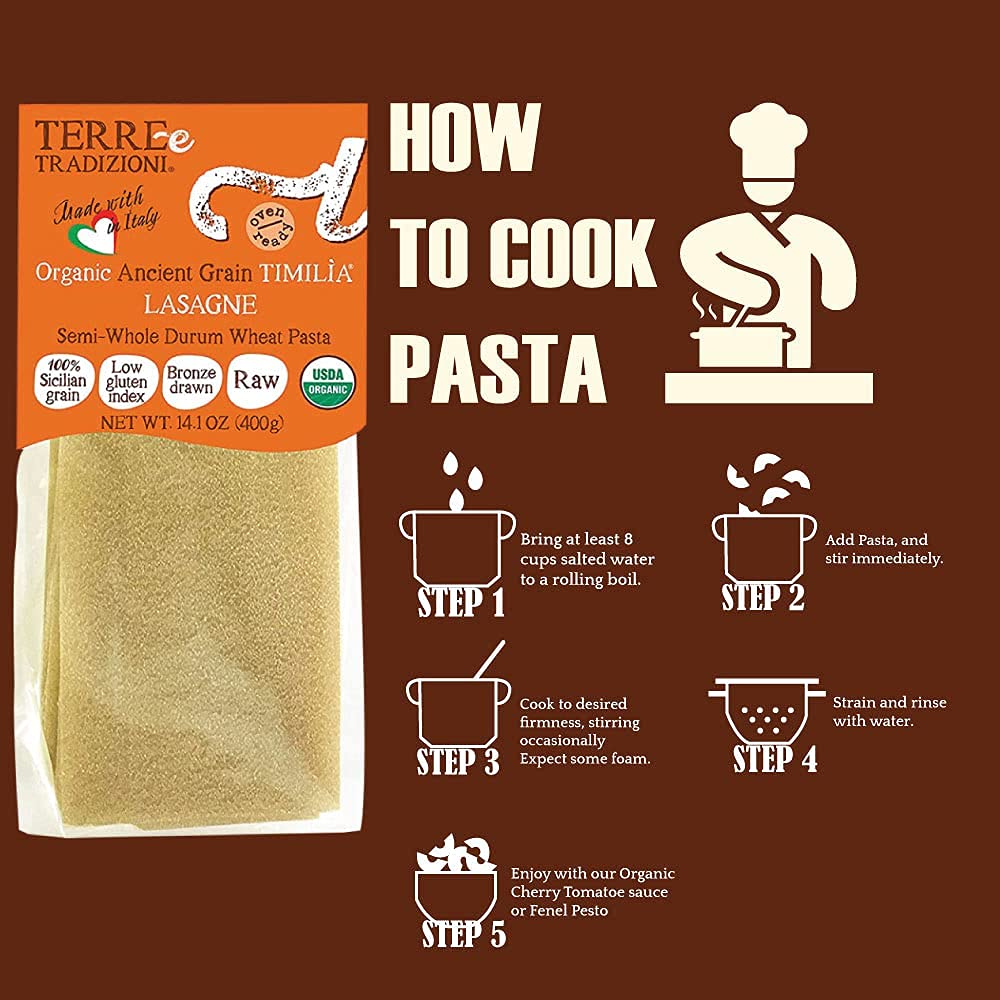 TERRE E TRADIZIONI Organic Italian LASAGNA Pasta Semi- Whole Durum Wheat Semolina Pasta - Italian TIMILIA Organic Ancient Grain LASAGNA Pasta - Vegan