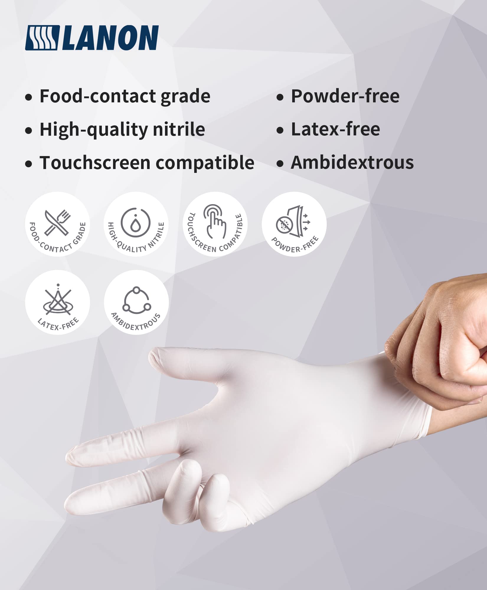 LANON Food Safe White Disposable Nitrile Gloves, Latex-Free, Powder-Free, Textured Fingertips, Cooking, Cleaning, XL