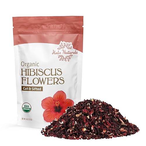 Halo Naturals Organic Hibiscus Flowers Cut & Sifted, 4 Ounces (Hibiscus sabdariffa) USDA Certified | Resealable Pouch| Packaged in The USA
