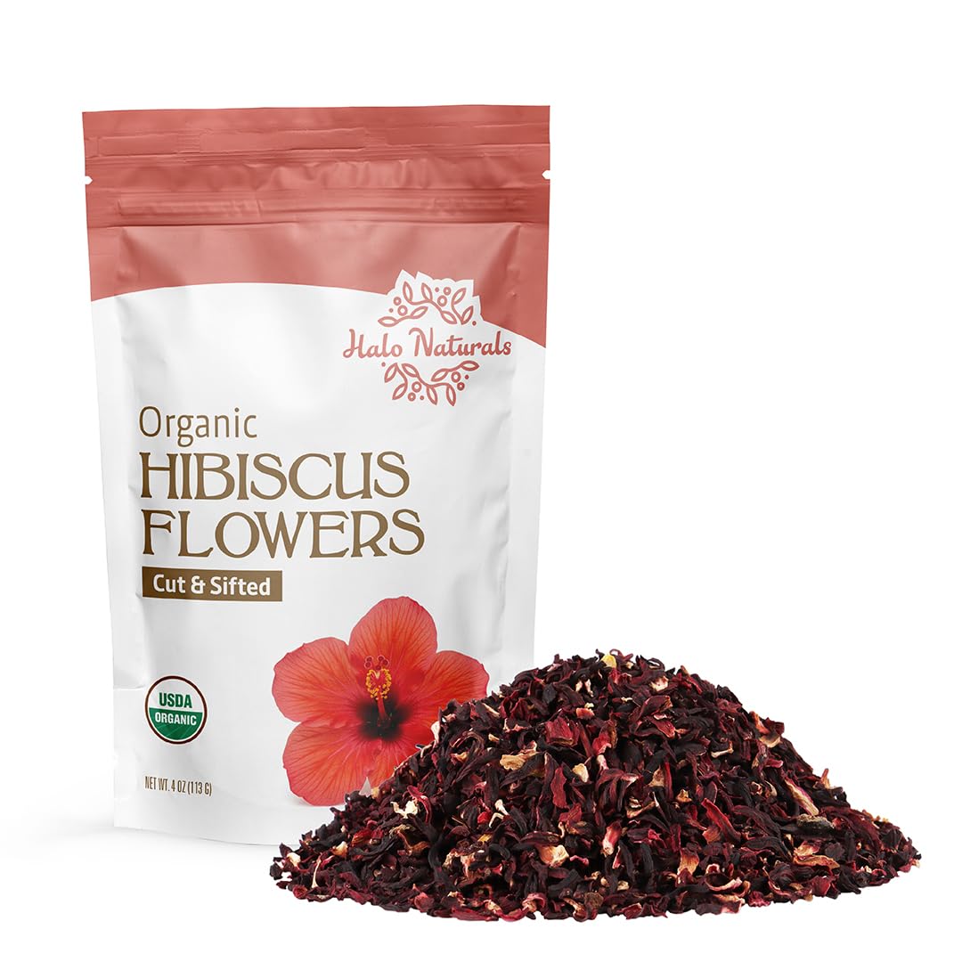 Halo Naturals Organic Hibiscus Flowers Cut & Sifted, 4 Ounces (Hibiscus sabdariffa) USDA Certified | Resealable Pouch| Packaged in The USA