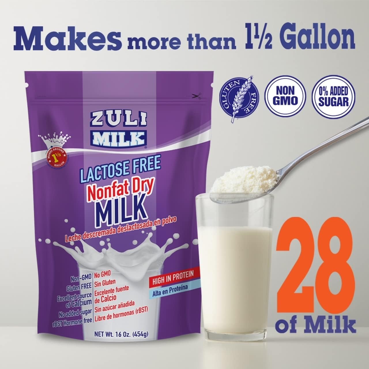 Nonfat Dry Milk Powder for Baking & Coffee 16oz - Fat Free & Lactose Free Powder for Adults, Non-GMO, rBST Hormone-Free, Good Source of Protein and Calcium, Substitute For Liquid Milk (1 Pack)
