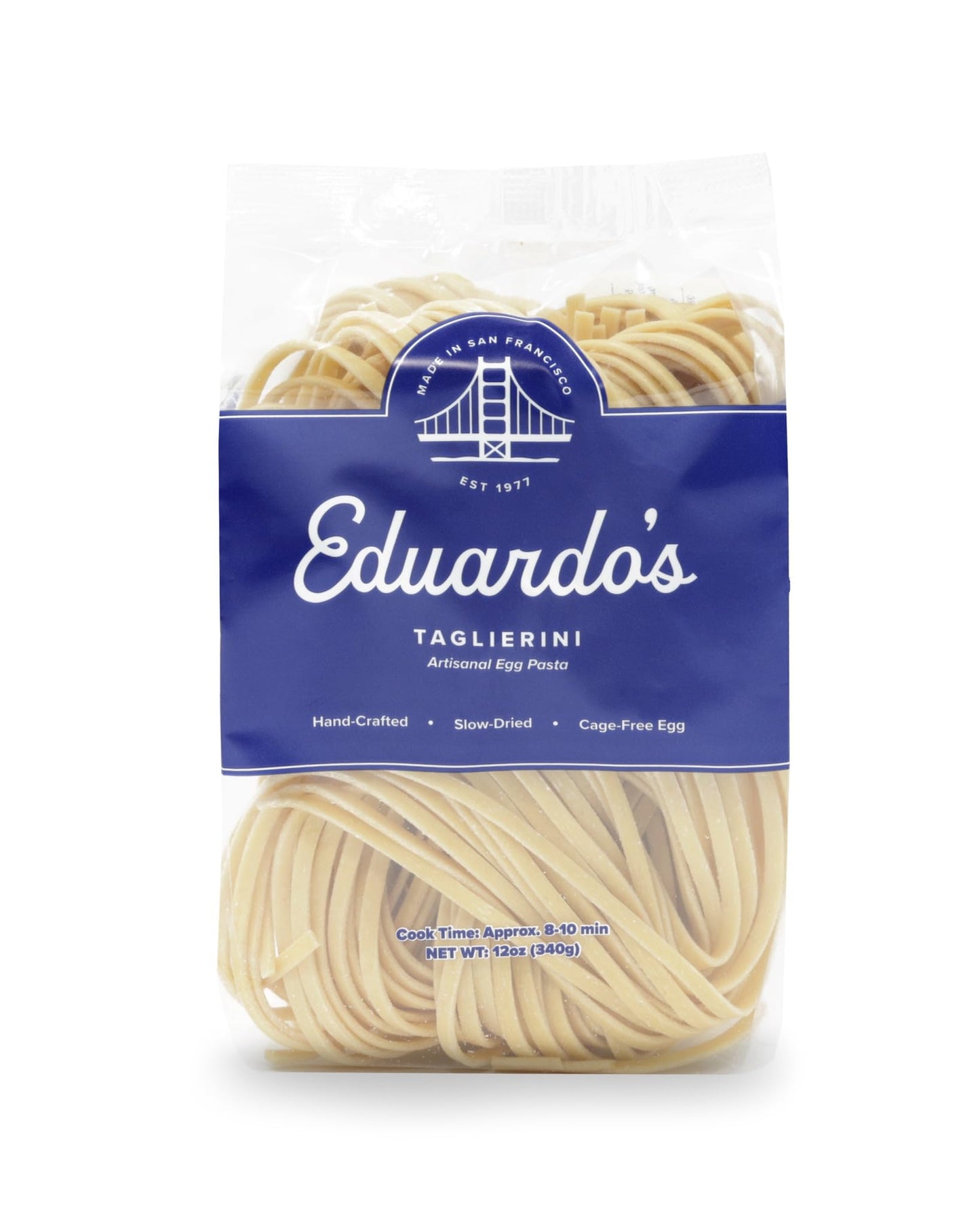 Eduardo's Pasta Co. Taglierini, Artisanal Egg Pasta, 12 oz., Semolina & Durum Wheat with Cage-Free Eggs, Dried, Bag, Made in Small Batches in San