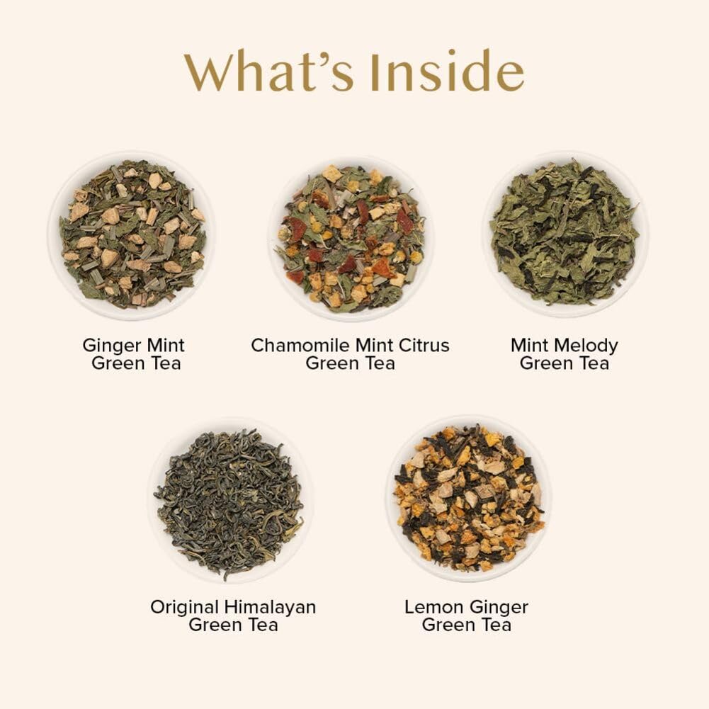 VAHDAM, Assorted Green Tea Bags Sampler (5 Flavors, 20 Ecofriendly Pyramid Tea bags) I Gift Ideas for Women & Men | Himalayan Green Tea Varieties |