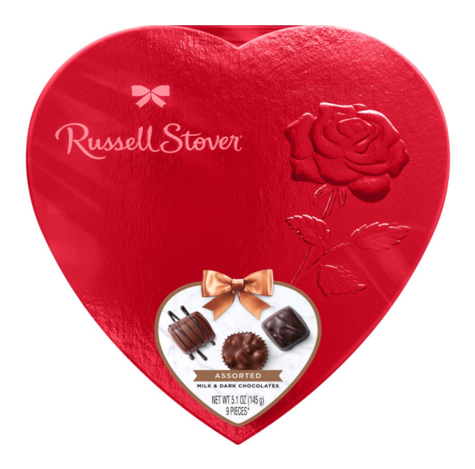 Russell Stover Valentine's Day Red Foil Heart - Assorted Milk and Dark Chocolate Candy - Perfect for That Special Someone - 9 Pieces