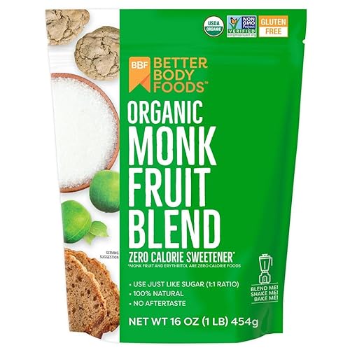BetterBody Foods Organic Monk Fruit Sweetener Blend, Raw Cane Sugar Substitute, Zero Calorie, Keto Diet Friendly, Zero Net Carbs, Zero Glycemic