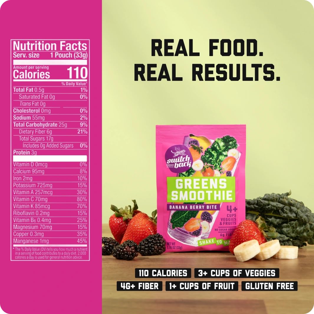 Switchback Whole Food Greens Smoothie Powder Mix (7-Pack) | No Algae Greens Taste for Picky Eaters | No Added Sugar | Clump-Free | Energy, Gut