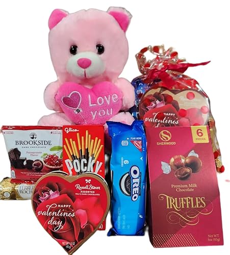 Valentines Day Gift Teddy Bear with Chocolates and Cookies Assortment, 10 Inches (pink)