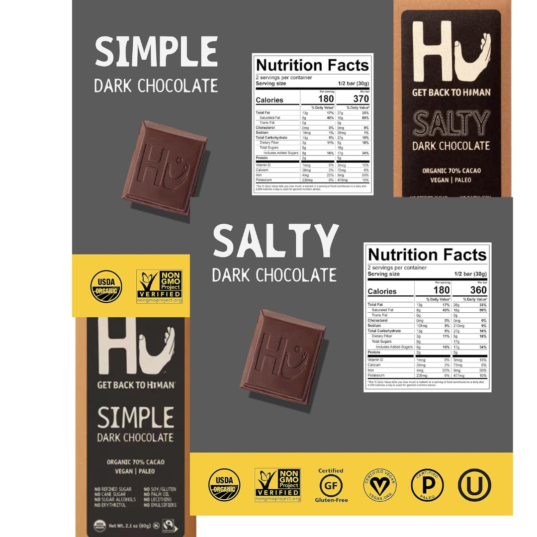 HU Dark Chocolate Bars Variety Pack, 8 Count - Simple, Salty, Cashew Buter Raspberry, Hazelnut Btr, Cashew Bttr & Vanilla Bean, Almond Butter & Puffed