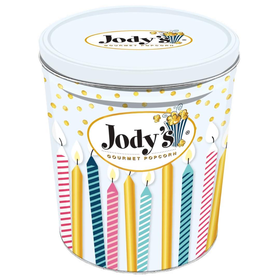 Jody's Gourmet Popcorn Celebration 3.5 Gallon Tin - Gourmet Popcorn Mix with Caramel Corn, Birthday Cake and Confetti - Party Snack Assortment, Gift