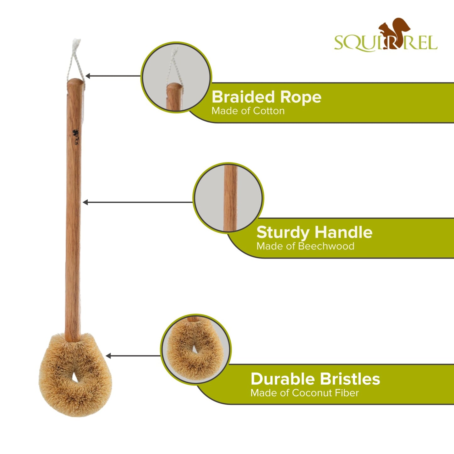 Squirrel Eco-Friendly Toilet Brush with Natural Coconut Fiber Handle and Wooden Handle, Pack of 2, Sustainable Bowl Cleaner with Hanging Hook