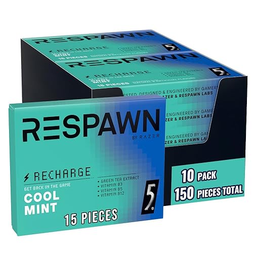 RESPAWN BY RAZER, Recharge Gum with B Vitamins and Green Tea Extract, Sugar-Free, Cool Mint, 10 Pack Bulk Box for Gaming, Freshening Breath and More