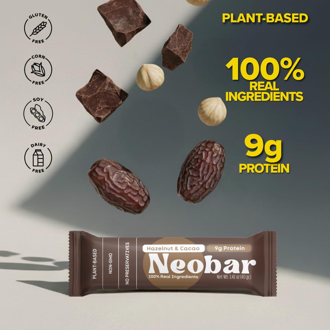 NEOBAR 9g Plant-Based Protein Hazelnut & Cacao Fruit and Nut Bars - Vegan Snack Bars, Gluten Free Dairy Free Snacks, No Preservatives, No Refined