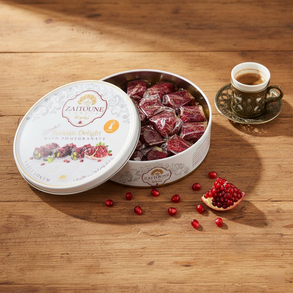 Zaitoune Pomegranate Covered Turkish Delight - 9 oz | Stuffed with Pistachios & Cashews | Coated with Dried Pomegranate Seeds | Authentic Lokum Sweets