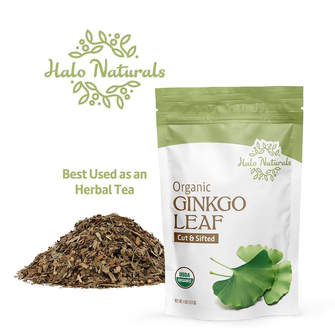 Halo Naturals Organic Ginkgo Leaf Cut & Sifted, 4 Ounces (Ginkgo biloba) USDA Certified | Resealable Pouch| Packaged in The USA