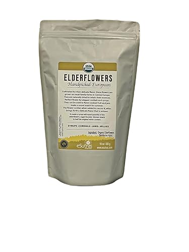 Elderflowers Organic Sambucus nigra European Elder flower Make Tasty Cordial Elderflower Syrup Wine or Elder flower Tea, Resealable Bag 10 oz