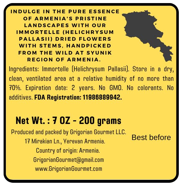 Immortelle (Helichrysum Pallasii) 7 OZ (200g) Dried Flowers with Stems, Loose Herbal Tea | Wild-Harvested from the Mountains of Armenia | All-natural
