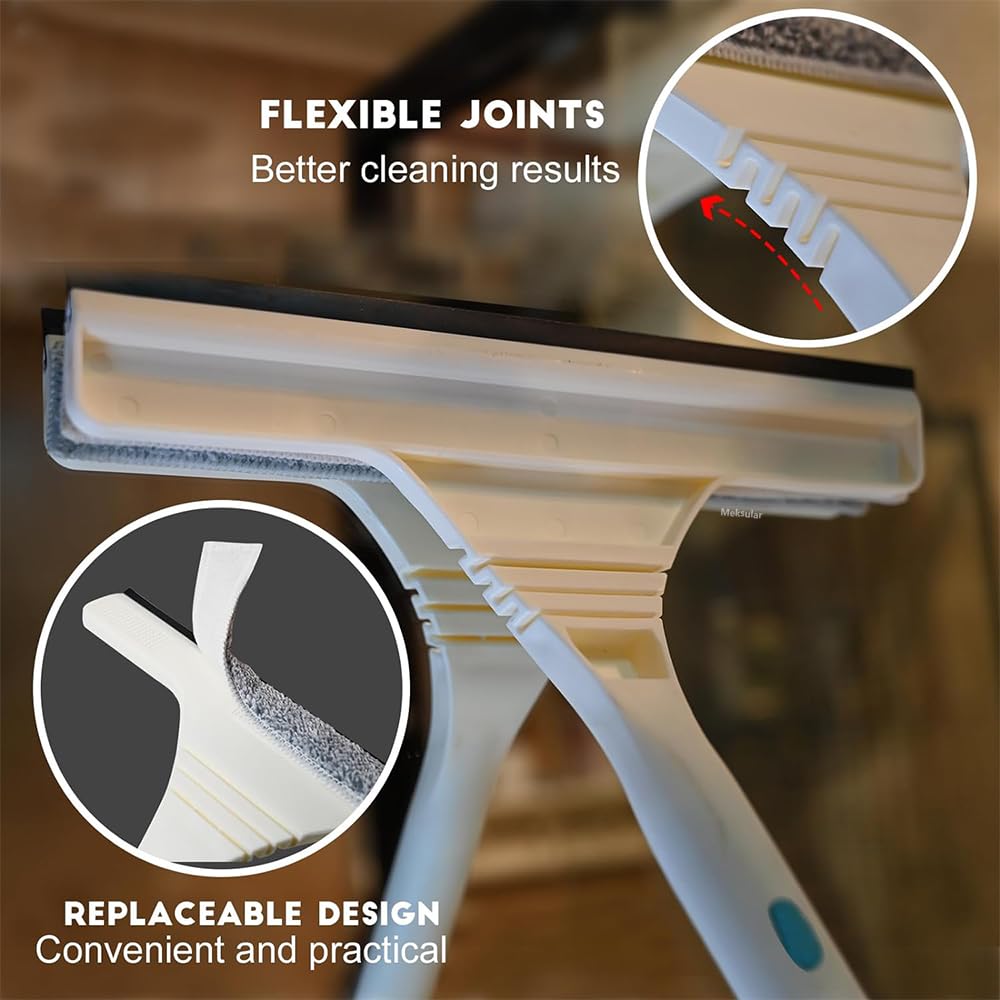 61" Window Squeegee with Long Extension Pole, 2-in-1 Streak-Free Glass Washer & Scrubber Kit with 2 Reusable Microfiber Pads & Clips, Professional