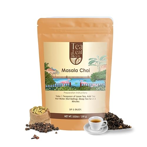Tealeaf & Co. Masala Chai - Loose Leaf Black Tea Blended with Organic Spices (Ginger, Cardamom, Black Pepper & Cloves Whole Organic) - Low Caffeine
