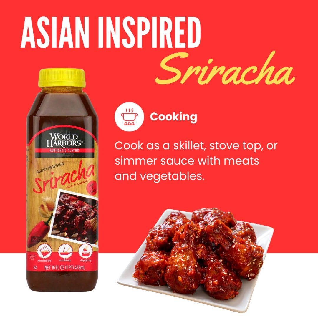 World Harbors Sriracha Hot Sauce & Marinade Perfect for Grilled Meats, Seafood, Dipping, Marinades & Garnishes - Enhance Your Meals with Sriracha