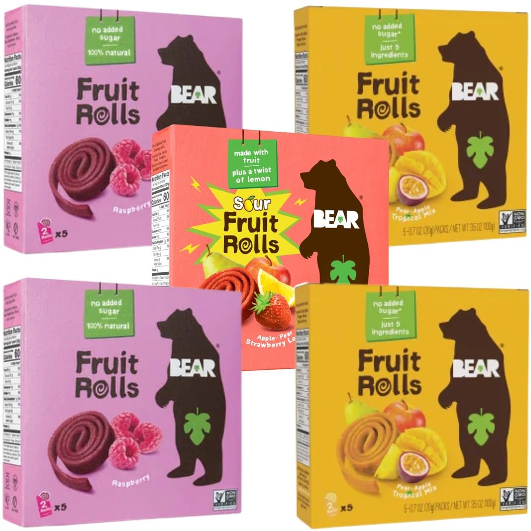 BEAR YoYo Fruit Rolls Variety Pack - 5 Pack Natural Fruit Snacks - Raspberry (2), Pear Apple Tropical Mix (2), Strawberry & Apple (1) - Vegan, Gluten