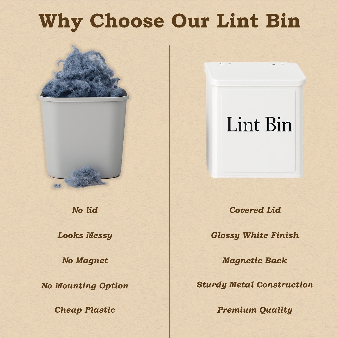MTTRADERS Magnetic Lint Bin for Laundry Room Organization & Storage, Wall-Mounted Dryer Lint Bin Trash Can with Lid, Lint Box Includes Brush, 2 White