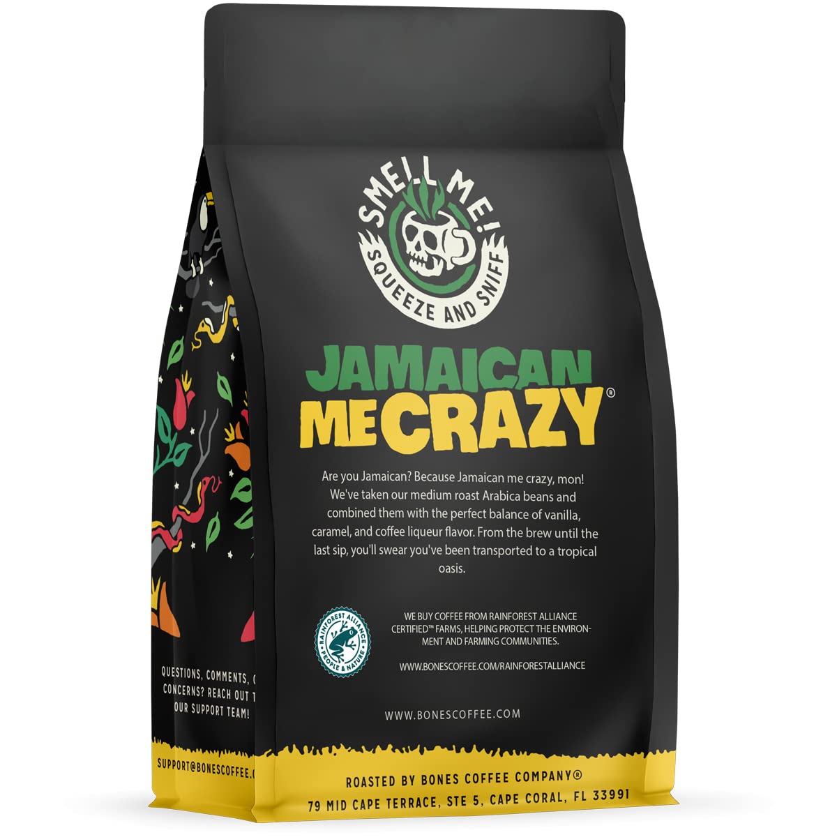 Bones Coffee Company Jamaican Me Crazy, Vanilla Caramel Flavored Coffee, Medium Roast Low Acid Arabica Beans Compatible with Auto drip and French