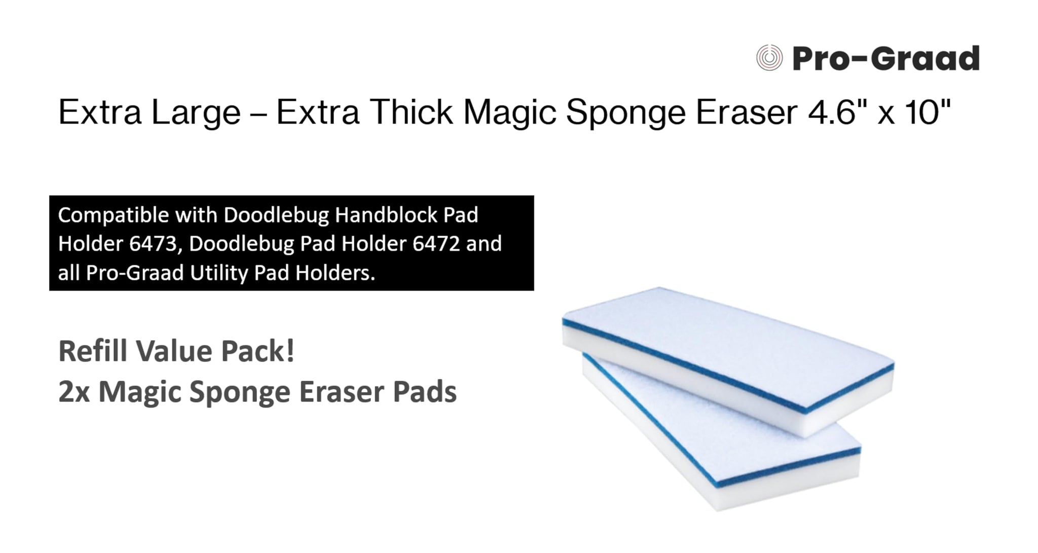Magic Mopper 4610 Eraser Pads - 2 Pack 4.5" x 10" x 1" Commercial Grade Melamine Sponges for Floor, Tile, Grout, Baseboard, Walls-Durable & Versatile