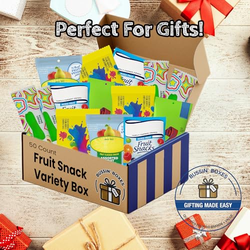 Fruit Snacks Bulk Pack - 50 Count Individually Wrapped Pouches - Shelf-Stable Snack for Kids and Adults - Assembled by Bussin Boxes