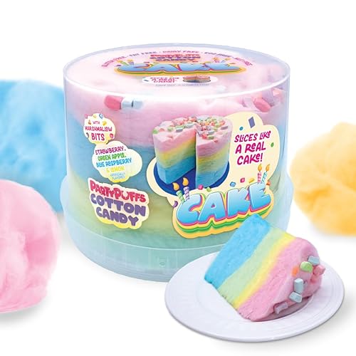 PartyPuffs 4oz Sliceable Cotton Candy Cake Tub - Strawberry Apple Blue Raspberry Lemon - Ready-to-Serve Gluten-Free Candy Dessert for Kids & Parties