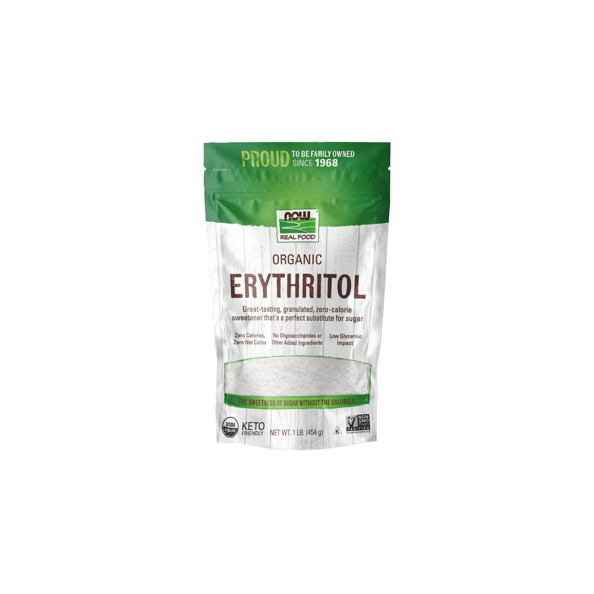 NOW Foods, Organic Erythritol, Pleasant Sweetner for Reduced-Calorie and Sugar-Free Recipes, Zero-Calorie, Low Glycemic Impact, 1-Pound (Packaging May