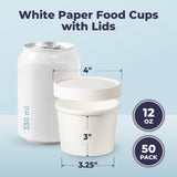 Fit Meal Prep 50 Pack 12 oz White Paper Soup Containers with Lids, Hot or Cold Disposable Restaurant Food Containers, Rolled Rim To Go Ice Cream Cups