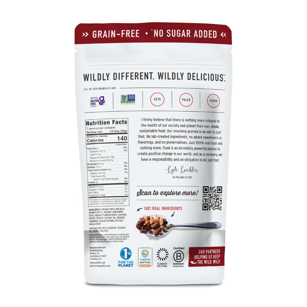 Wildway Keto Granola | Apple Cinnamon | Grain-Free, Certified Gluten-Free Cereal | Vegan, Low Carb | No Sugar Added | Paleo-Friendly | Non-GMO Fruit