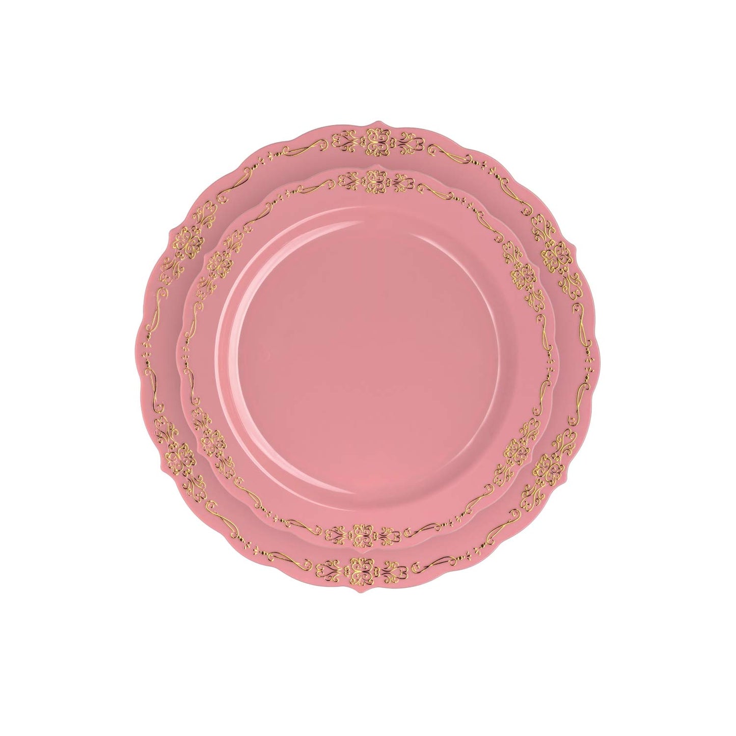 Exquisite 60 Pcs Disposable Plastic Plates | Victorian Design Premium Disposable Plates | 9 inch. Pink & Gold China Like Plastic Plates For Parties