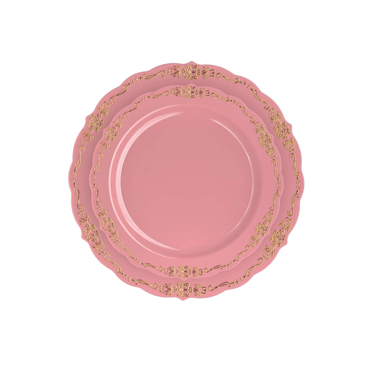 Exquisite 60 Pcs Disposable Plastic Plates | Victorian Design Premium Disposable Plates | 9 inch. Pink & Gold China Like Plastic Plates For Parties