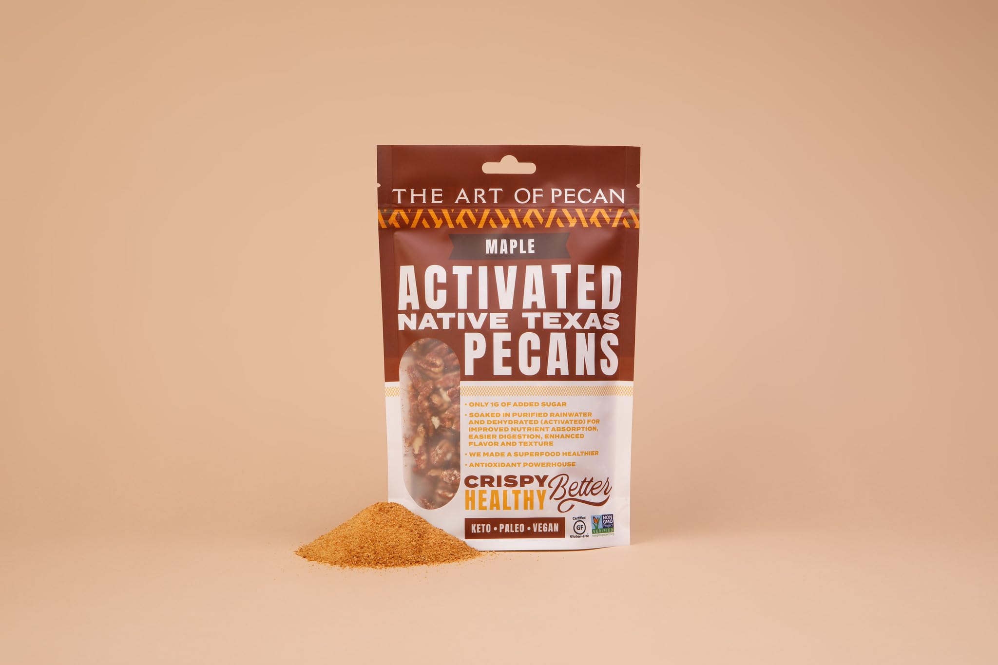 AOP Maple Activated Native Texas Pecans, naturally crunchy, soaked and dehydrated, very low sugar premium snack. Non-GMO, Gluten-Free, Vegan, Paleo