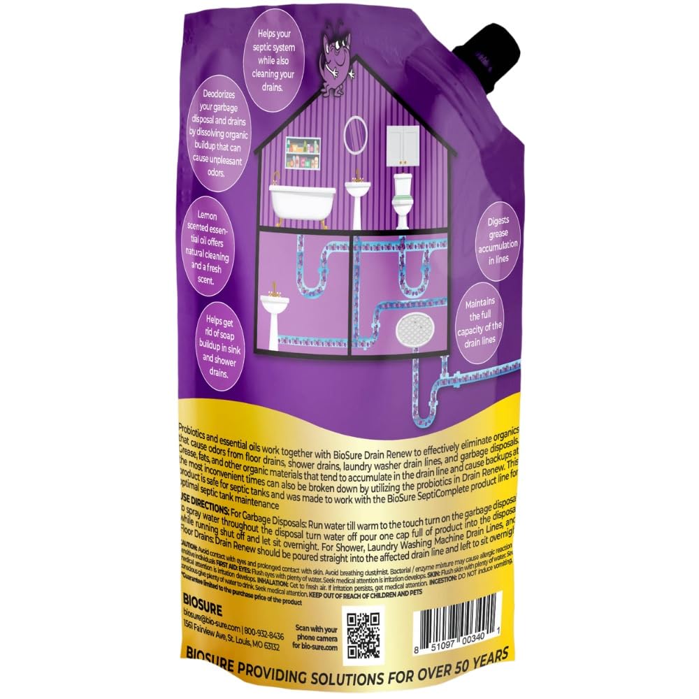 BIOSURE DRAIN RENEW Drain Line Maintenance and Septic Tank Treatment: The Ultimate Drain Cleaner for Your Drains, Showers, Sinks, and Toilets - Keep